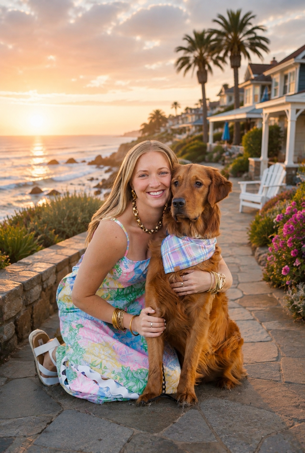 Woman and dog watching the sunset on a coastal path